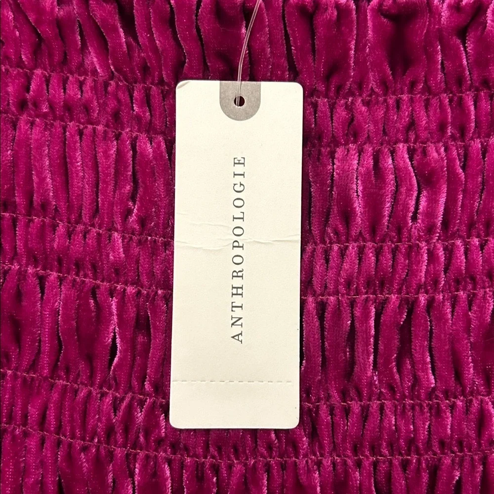 Anthropologie Velvet Smocked Puff Sleeve Peasant Top In Pink/Rose NWT Size Large